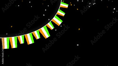 Indian Tricolor Flag Bunting Corner Animation with Confetti on Black Background for Patriotic Celebrations, Animated Indian tricolor flag bunting arranged in a curved corner design