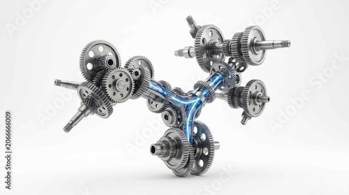 Complex Mechanical Gear System with Glowing Blue Energy Flow