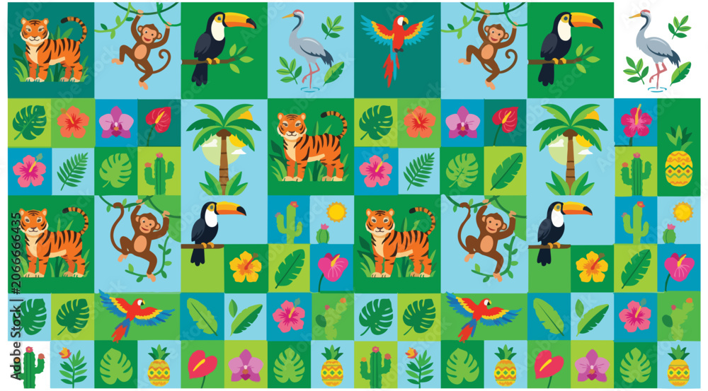 Fototapeta premium Colorful Tropical Jungle Animals Plants Checkerboard Grid Tiger Monkey Toucan Crane Leaves Flowers Flat Design Vector