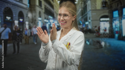 Fotografie Woman in white coat clapping hands on a busy city street at night, glasses and pens visible in her pocket; cheerful celebration