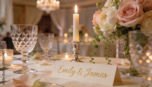 Reception sweetheart table name card with candles and blush flowers in romantic closeup