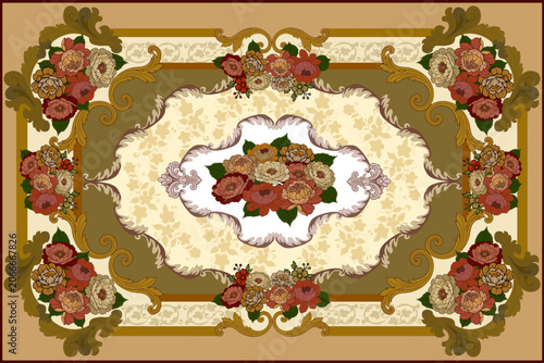 Luxury Vintage Floral Carpet Pattern with Ornamental Frame and Elegant Rose Bouquet