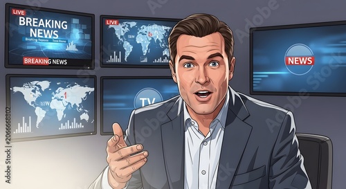 Animated Male News Anchor Reporting Live in Tv Studio
