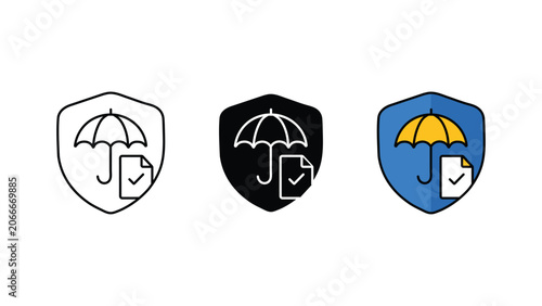 Insurance shield umbrella protection icon set outline silhouette and color vector isolated on white background