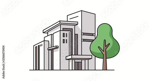Modern building exterior with green tree and clear sky