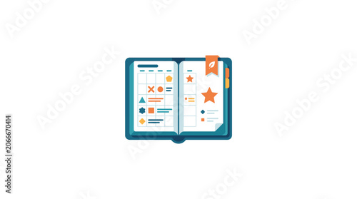 Open planner with symbols and calendar layout for business planning