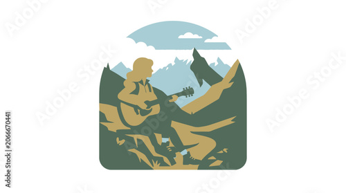 Person playing guitar in a stylized mountain landscape scene