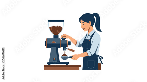 Woman preparing coffee using grinder and machine illustration