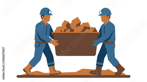 Two workers carry heavy load of minerals underground illustration