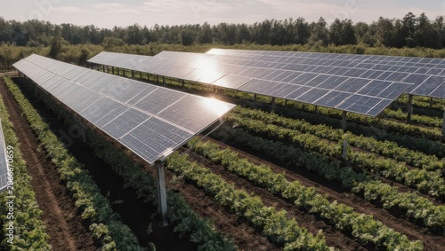 Solar Panels and Crops in an Agrivoltaic System.