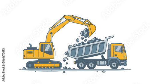 Yellow excavator loading debris into a dump truck on a construction site