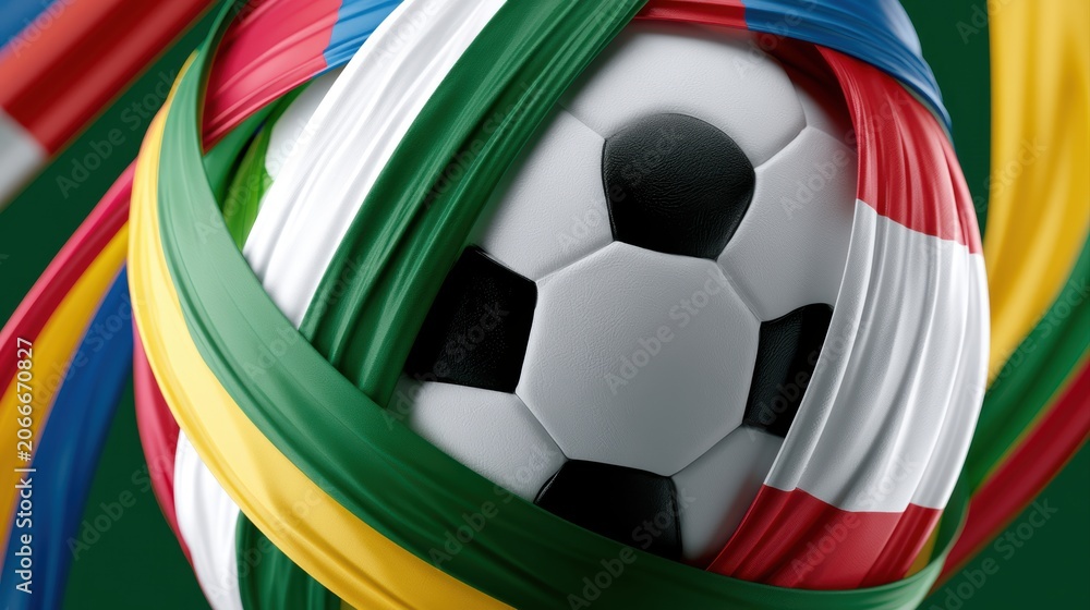 Naklejka premium Global football unity artwork showing a central soccer ball surrounded by ribbon-like world flags forming a globe shape, stylish 2026 tournament typography, inspirational sports theme