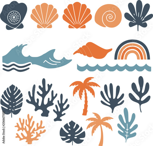 Boho tropical summer beach and marine elements set, design for: aesthetic resort branding, summer social media templates, minimalist fabric pattern prints. Transparent EPS version.