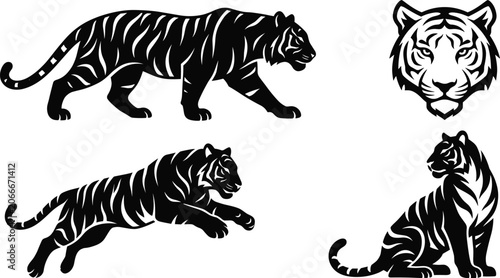 Bild auf Leinwand Tiger silhouette collection with fierce wild cat poses, black tribal style wildl