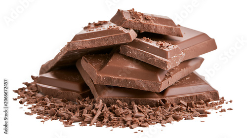 Pile of broken milk chocolate bar pieces and shavings