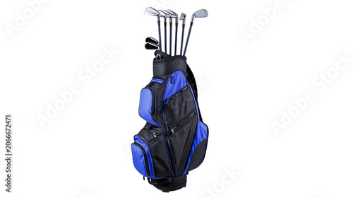 Black and blue golf bag with clubs