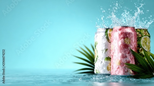 Three chilled cans of fruity beverages sit atop a vibrant surface, splashed by refreshing water, embodied by tropical elements that promise instant refreshment and joy.