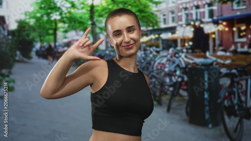 Foto Young woman with buzzcut smiling, hand raised in rock sign, wearing black crop top on bicycle lined city street; carefree joy