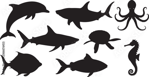 Marine Animals Silhouette Set with Dolphin Shark Octopus Turtle and Seahorse Vector