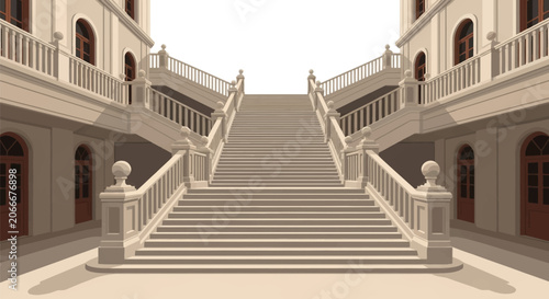 Wide neoclassical stone staircase with symmetrical balustrades and spherical finials leading to multiple balcony levels, featuring arched windows and a beige facade in a palace courtyard.