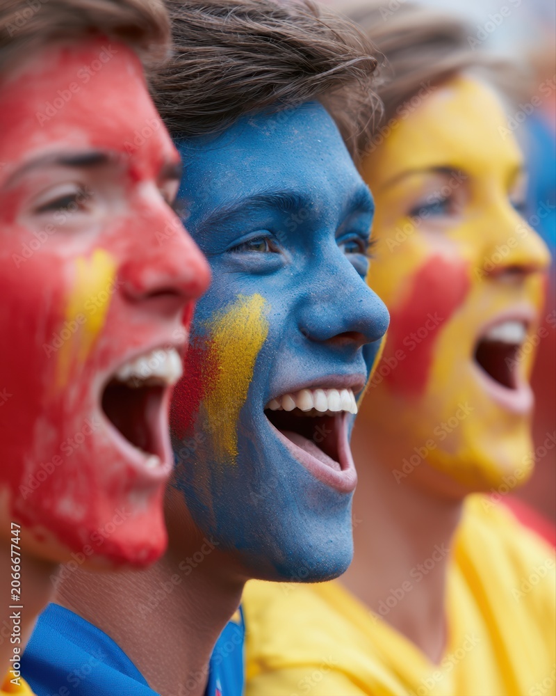 Obraz premium Young football fans painted in national colors cheering enthusiastically during a major international tournament