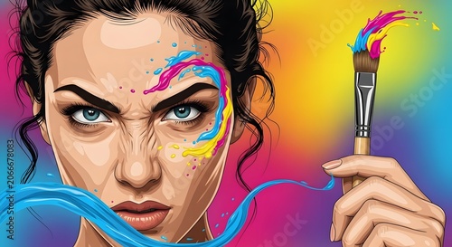 Intense Artistic Woman Paints Colorful Splash on Face with Brush