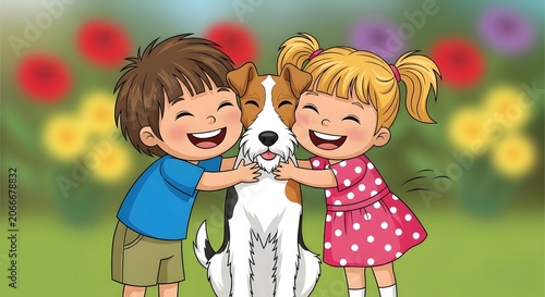 Joyful Children Hugging Happy Dog in Garden