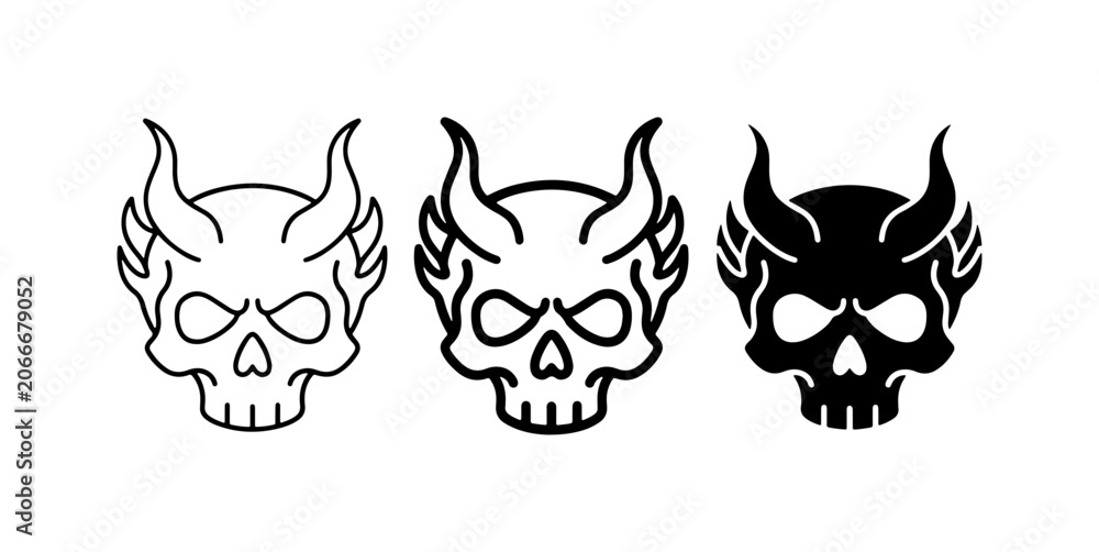 Obraz premium Devil Skull Icons, Horned Skull Vector Graphics, Spooky Halloween Symbols, Black and White Designs