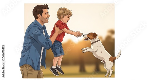 Joyful Father Lifting Son to Meet Jumping Dog in Park