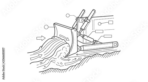 Loader bucket material handling system technical line drawing.