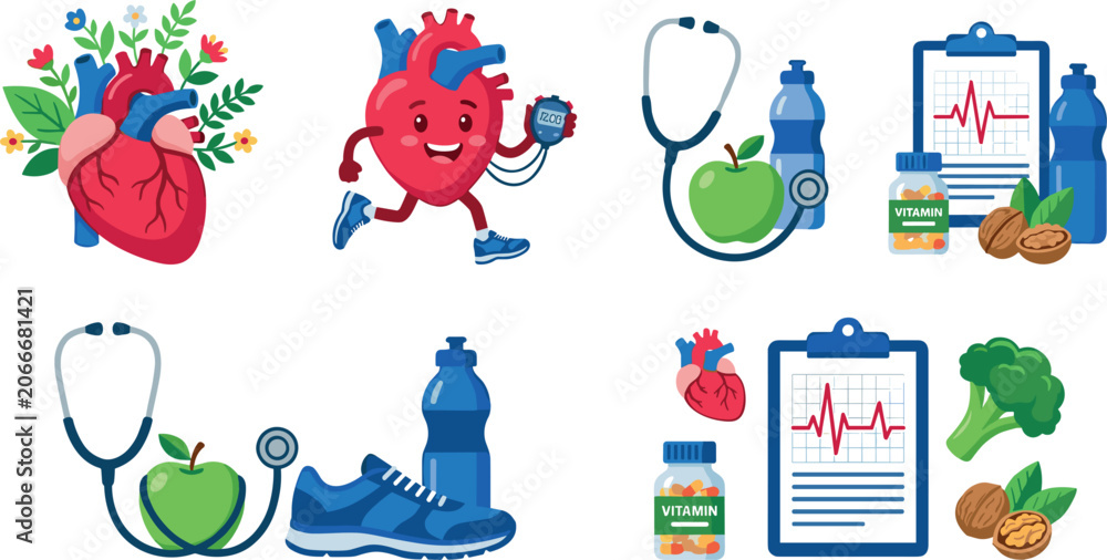 Naklejka premium Anatomical Heart with Flowers Running Mascot and Healthcare Icons Featuring Diet Foods Stethoscope and Cardiogram Report for Clinic Branding and Digital Designs