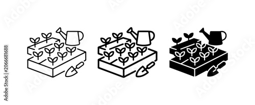 Gardening Icons: Seedlings, Watering Can, Trowel, Raised Beds, Growth, Agriculture, Organic Farming