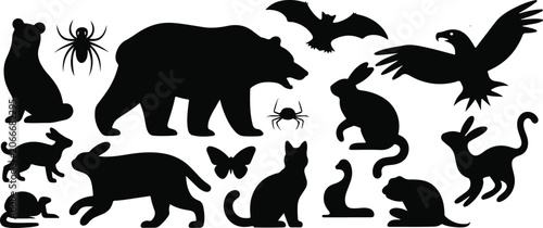 Photography Wild and domestic animals black silhouettes vector icon set featuring bear eagle