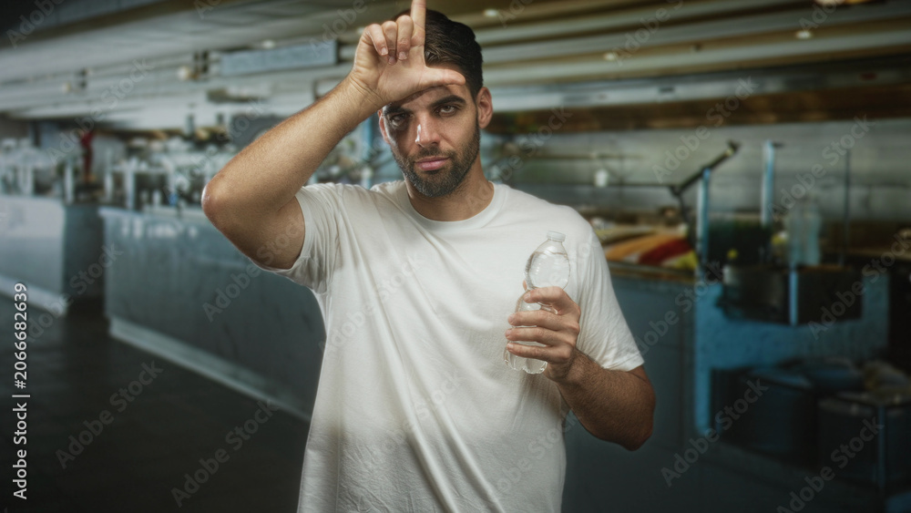Fototapeta premium Man holding a water bottle, hand and forearm visible, making l sign to forehead while standing in a commercial kitchen inside a building; teasing thirst.
