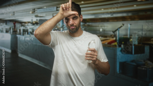 Foto Man holding a water bottle, hand and forearm visible, making l sign to forehead while standing in a commercial kitchen inside a building; teasing thirst