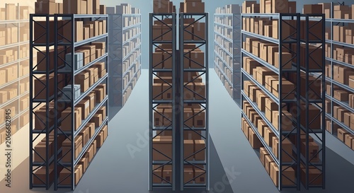 Industrial Warehouse Shelving System with Tall Racks and Boxes