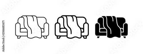 Foto Sofa icons, couch illustrations, and armchair graphics with draped blankets, vec