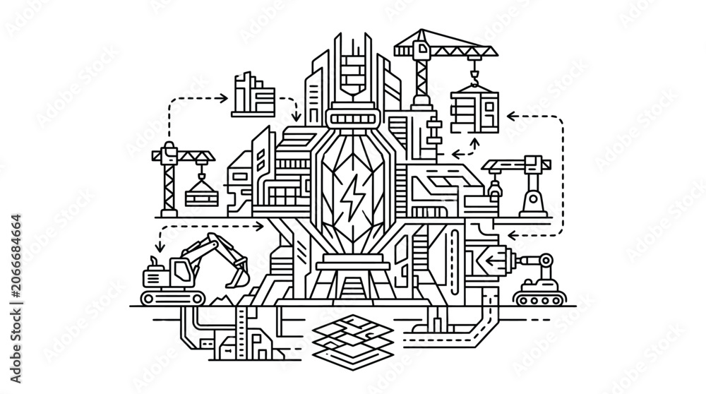 Obraz premium Futuristic energy core and industrial factory schematic illustration.