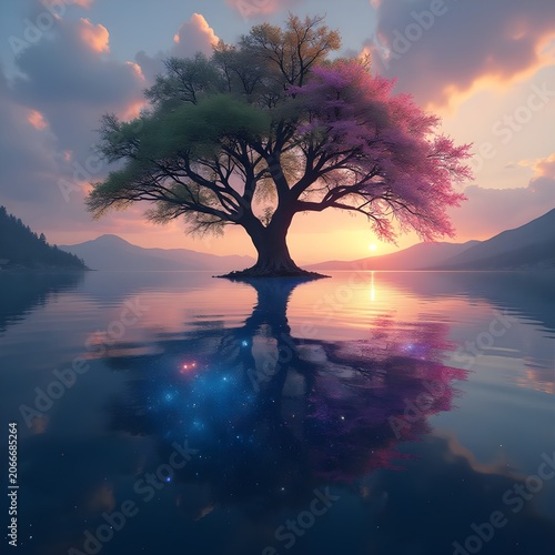 High Resolution Dreamlike Fantasy Tree Reflected in Tranquil Lake at Sunset with Magical Cosmic Reflection