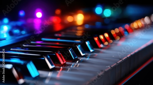 An artistic close-up of piano keys, featuring vibrant colors and a blurred background that emphasizes the beauty and elegance of music, evoking creativity and inspiration.