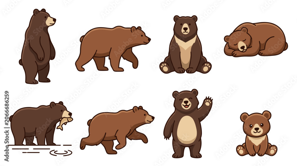 Fototapeta premium Brown bear and cub cartoon character vector set displaying various poses and activities: standing. Walking. Sitting. Sleeping. Waving. Fishing