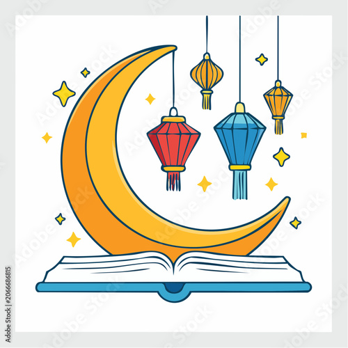 Ramadan Kareem crescent moon with lanterns and open book