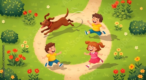 Playful Children Running with Dog on Circular Path in Bright Garden