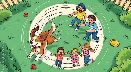 Playful Dog Chasing Children in Circular Backyard