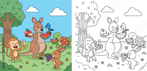 Canvas Print Happy Animals Sharing Fresh Fruit in a Sunny Outdoor Landscape