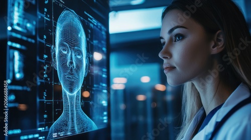 Medical professional analyzing human face hologram on screen