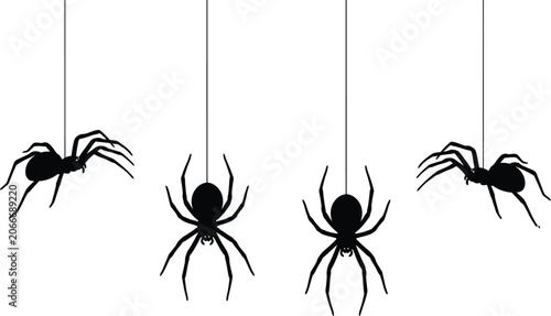 Bild auf Leinwand et of black spider silhouettes hanging from web threads vector illustration isol