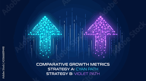 Asymmetric off-center growth beam flat graphic with cyan and violet arrows