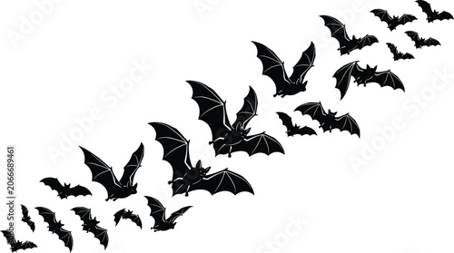 Bild auf Leinwand Swarm of flying black bat silhouettes vector illustration isolated on white back