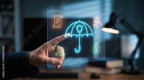 Liability Insurance Protection, Corporate Risk Management, and Legal Defense Compliance Concept: Floating Neon Cyan Holographic Umbrella Icon Flanked by Court Gavels, Legal Paperwork, and Safety Locks